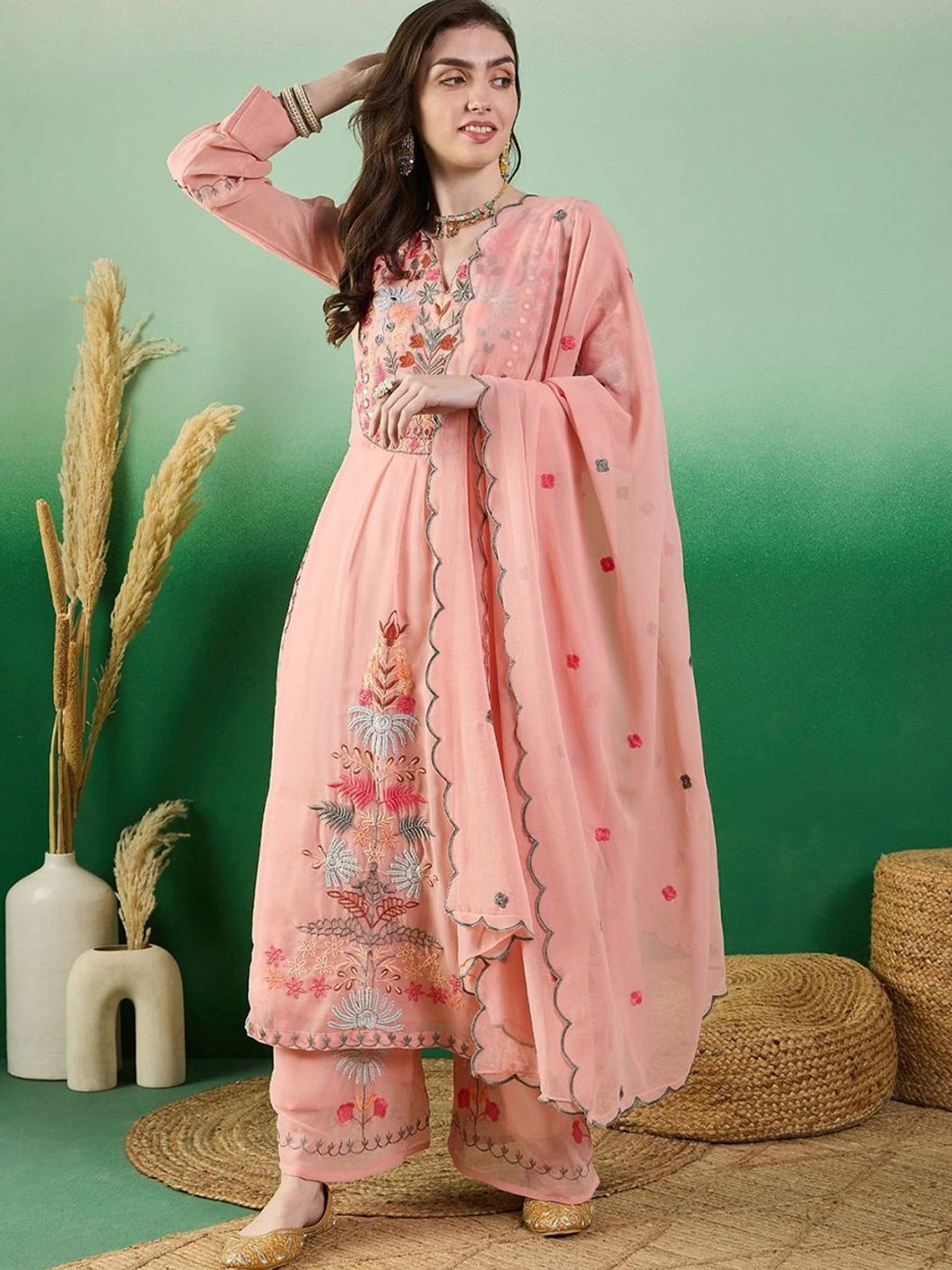 

Molly & Michel Women Floral Embroidered Regular Kurti with Trousers & With Dupatta, Pink