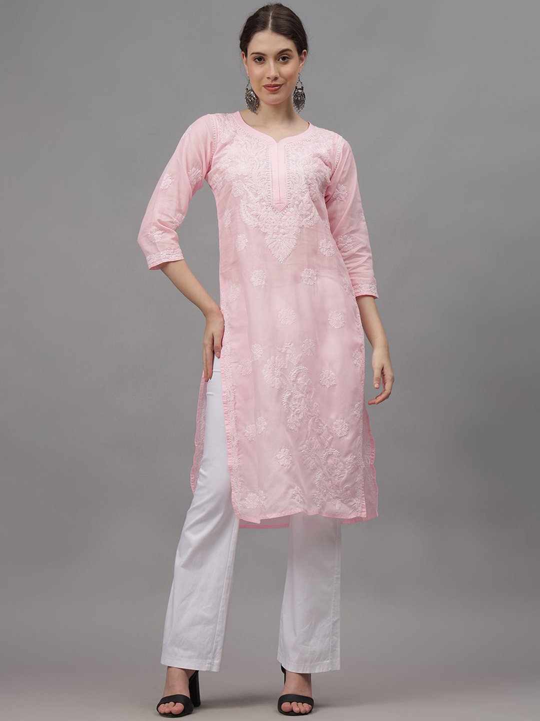 

Seva Chikan Floral Embroidered V-Neck Lucknowi Chikankari Cotton Straight Kurta, Pink