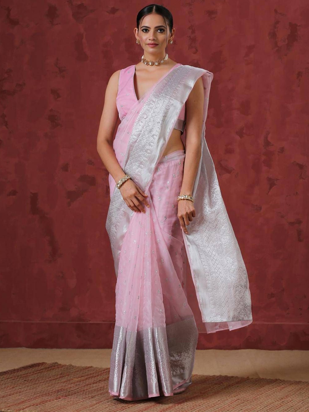 

Swtantra Floral Embroidered Organza Saree, Pink