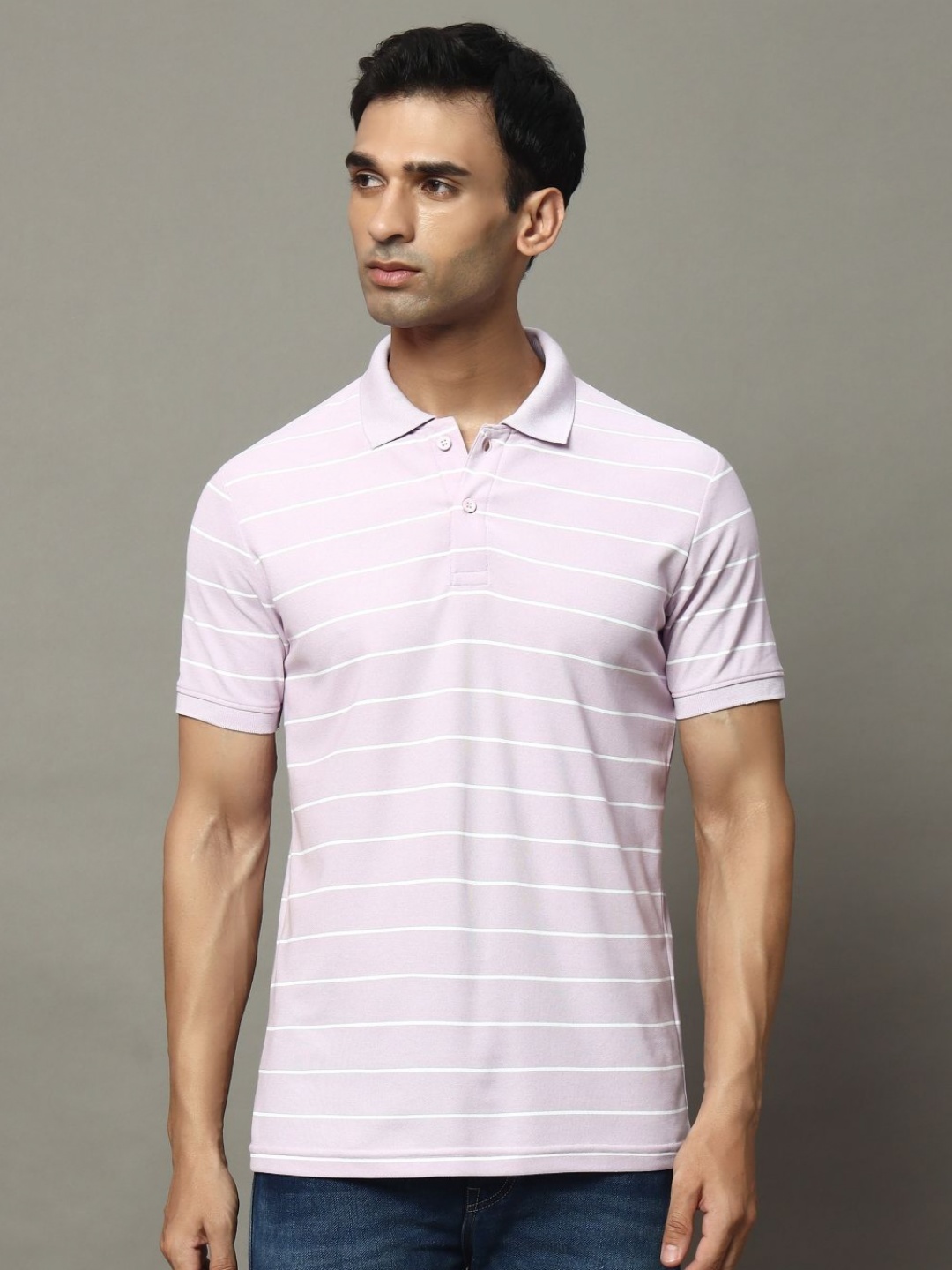 

OGEN Men Striped Polo Collar Pockets T-shirt, Lavender