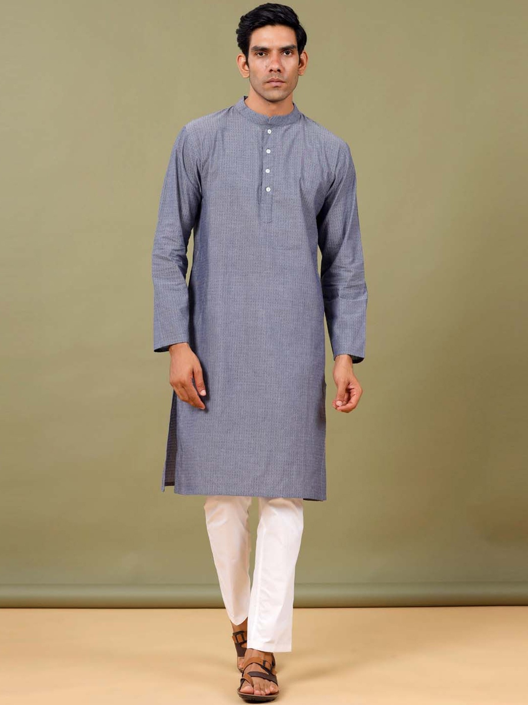 

Tistabene Geometric Printed Mandarin Collar Cotton Straight Kurta, Blue