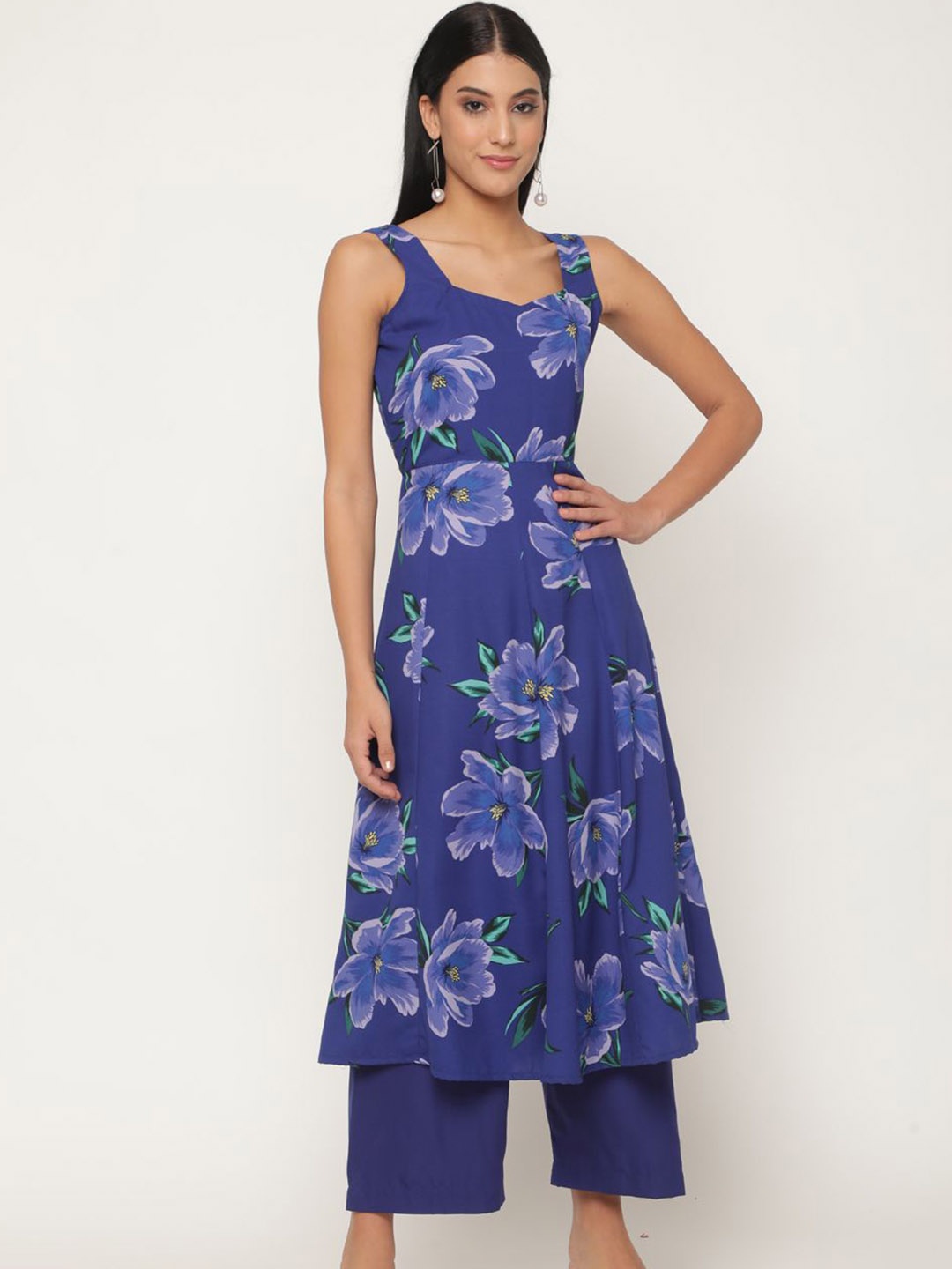 

VIRAGO Floral Printed Sleeveless Anarkali Kurta & Trousers With Dupatta, Blue