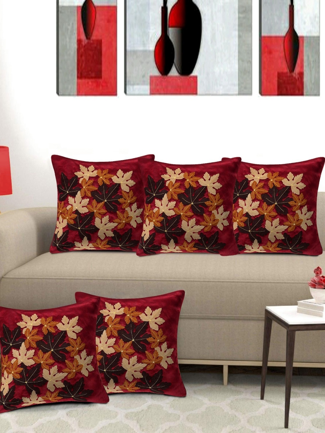 

Creeva Maroon & Mustard 5 Pieces Floral Square Patchwork Cushion Covers