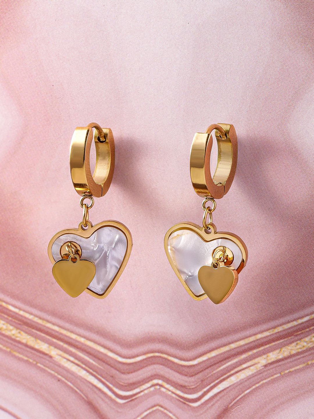 

Rubans 18K Gold Plated Stainless Steel Tarnish-Free Waterproof Demi-Fine Dual Heart Hoops