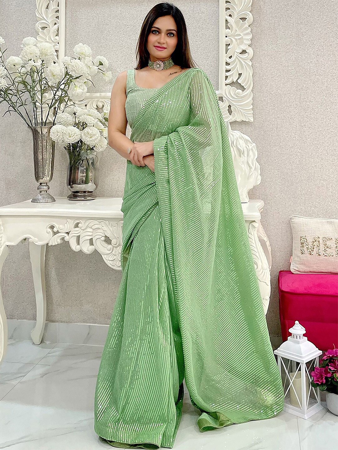 

Anouk Striped Sequinned Saree, Green