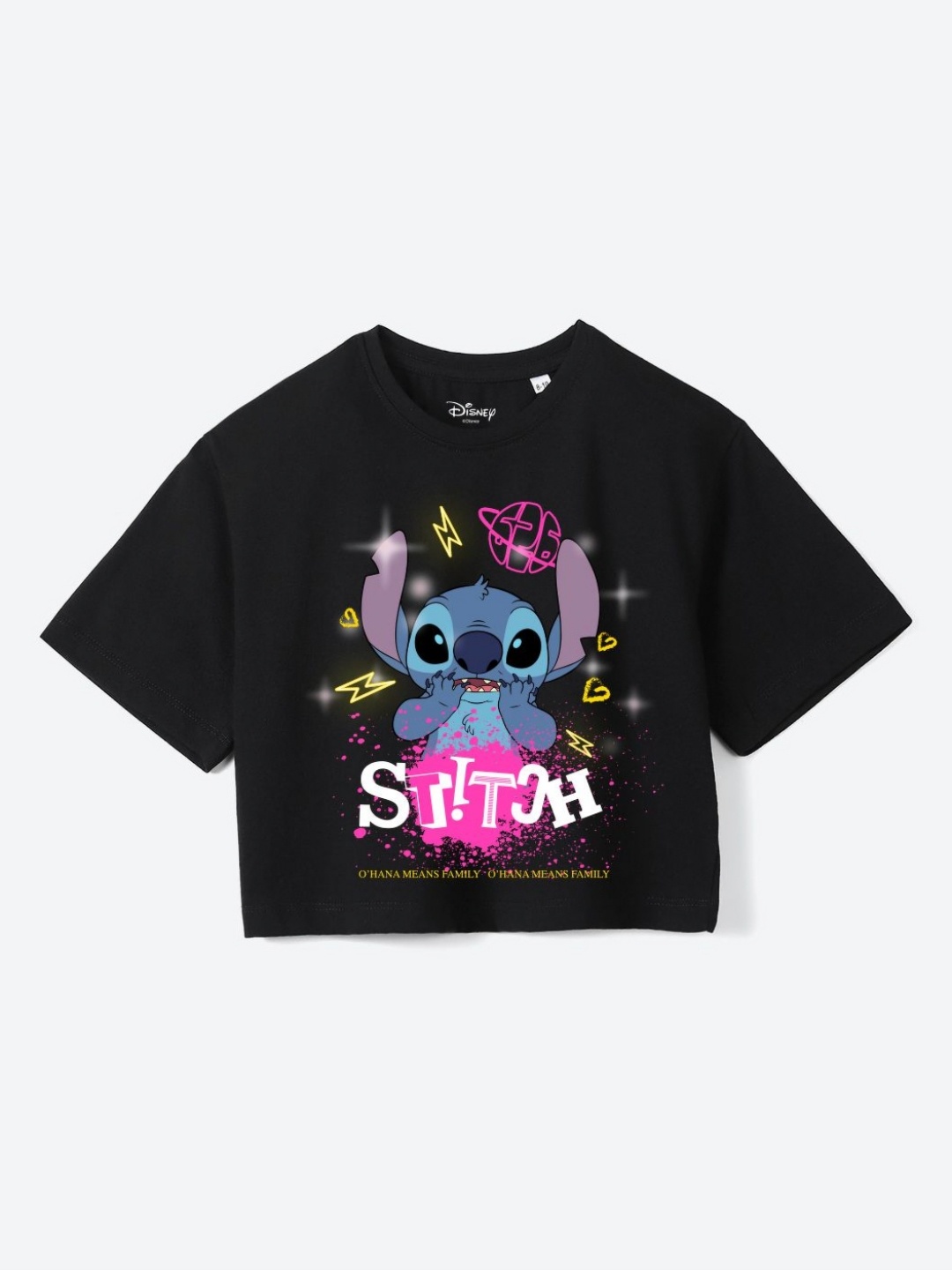 

YK Disney Girls Printed Pure Cotton Applique Boxy T-shirt, Black