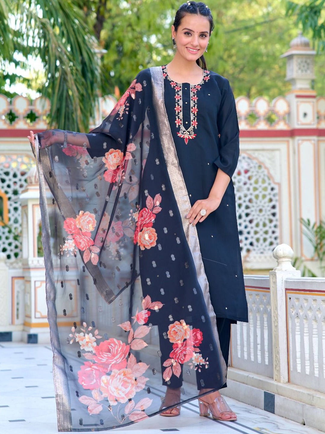 

CaniBani Floral Embroidered Sequinned U-Neck Chanderi Silk Straight Kurta Set, Navy blue