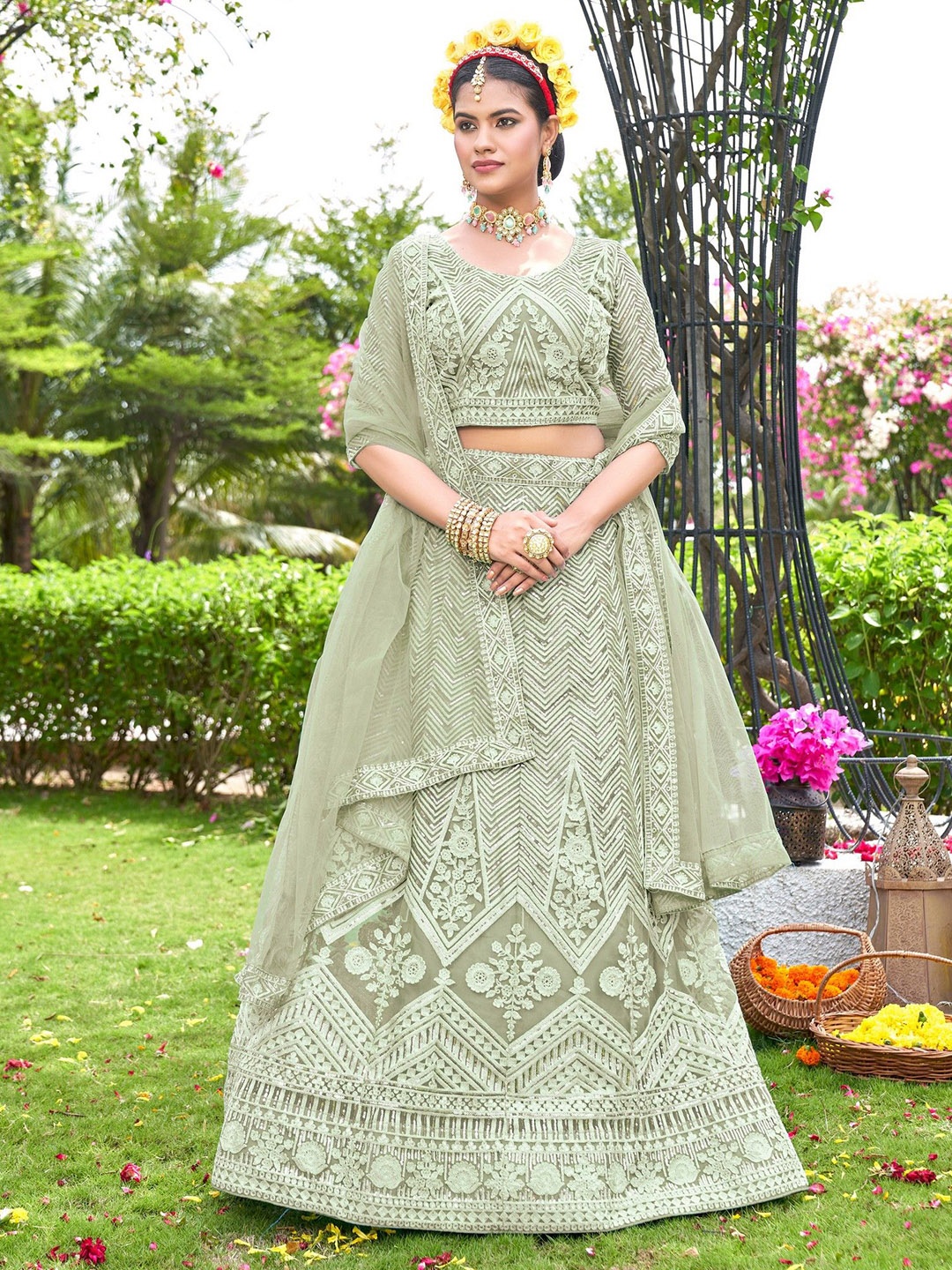 

VARNI FABRICS Embroidered Semi-Stitched Lehenga & Unstitched Blouse With Dupatta, Green
