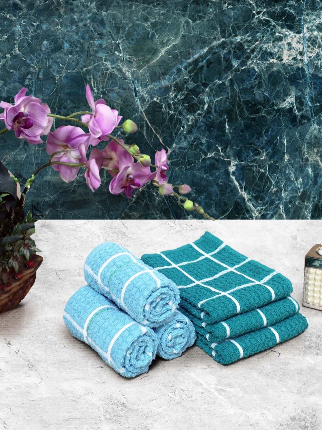 

Aura Turquoise Blue & Blue 6 Pieces Checked Cotton 150 GSM Hand Towels