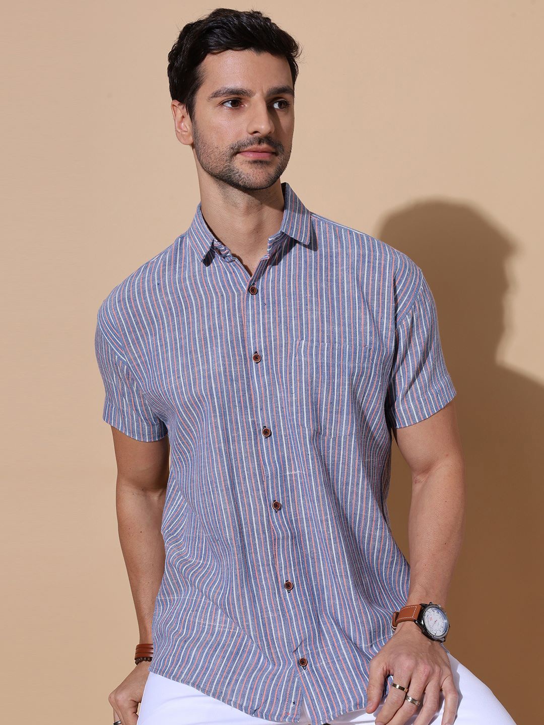

MOSHI Men Comfort Opaque Striped Casual Shirt, Blue