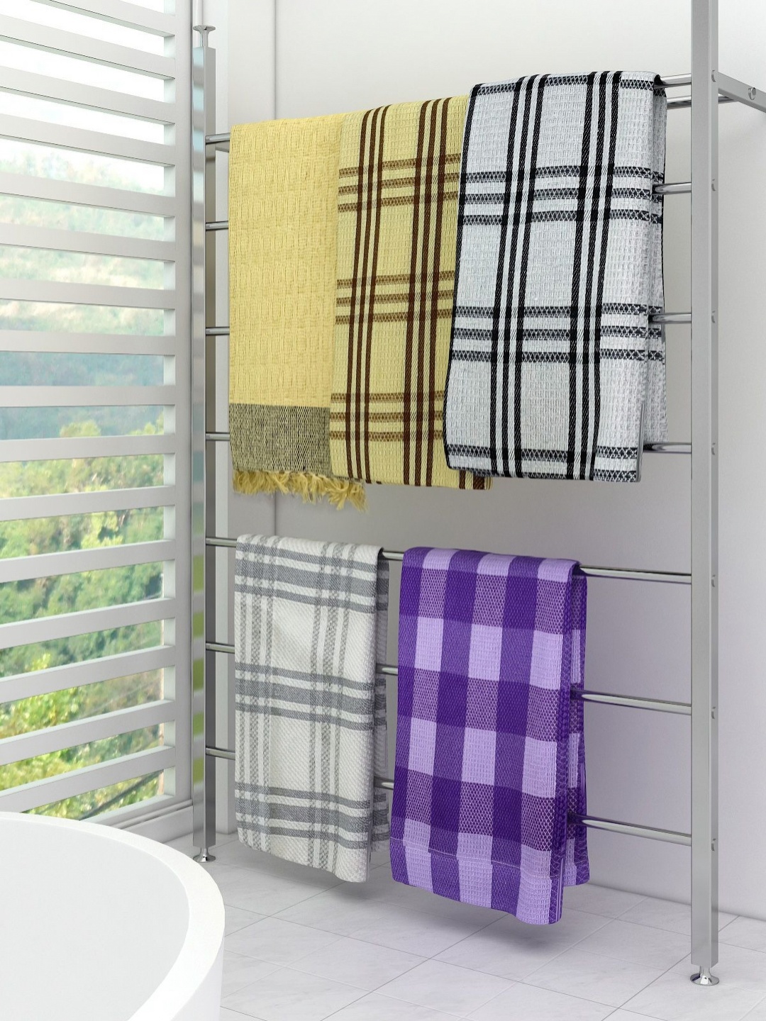 

Aura Yellow & Purple 5 Pieces Checked Cotton 210 GSM Bath Towel