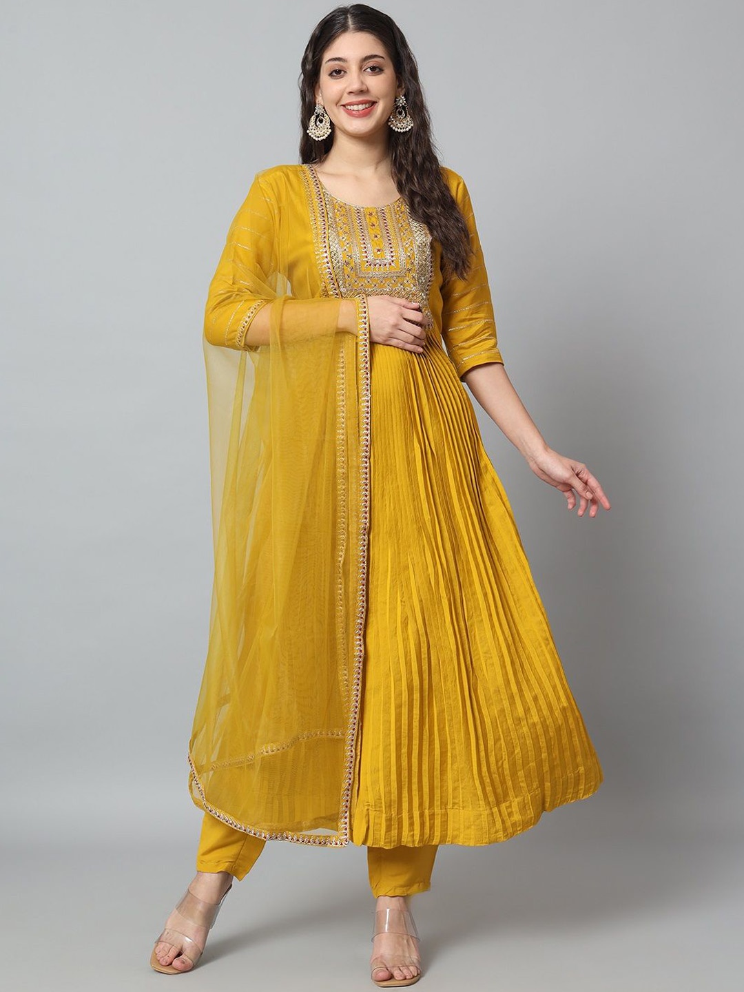 

THE52 Ethnic Motifs Yoke Design Chanderi Silk Anarkali Kurta with Trousers & With Dupatta, Yellow