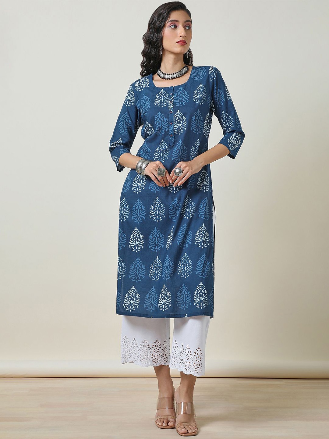 

Soch Blue Ethnic Motifs Printed Cotton Straight Kurta