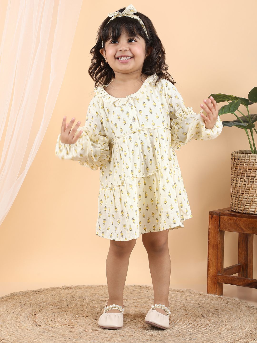 

Polka Tots Girls Floral Printed Bell Sleeve Cotton A-Line Dress, Cream
