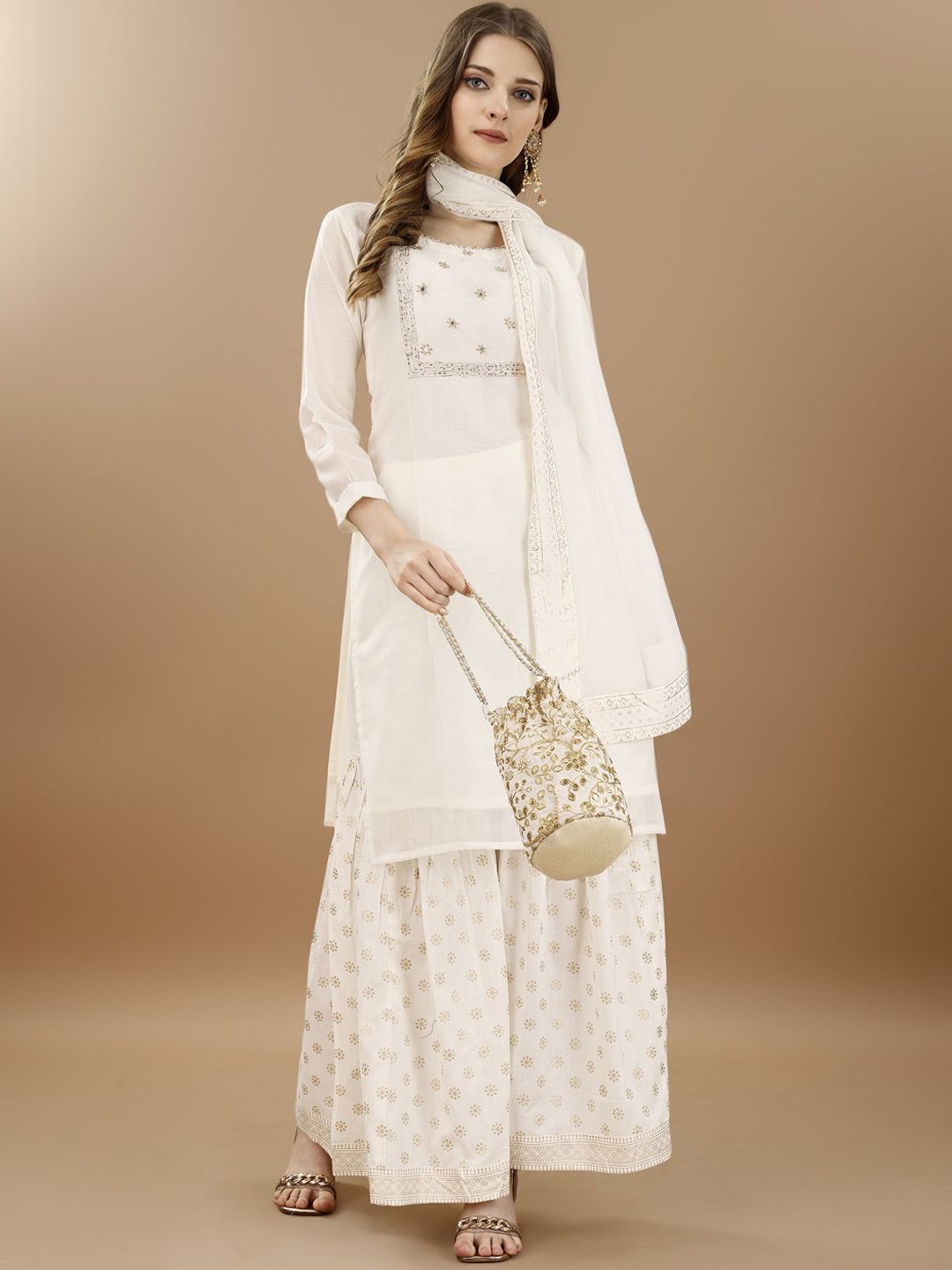 

KUNDAN FAB Floral Embroidered Regular Mirror Work Pure Cotton Kurta & Sharara & Dupatta, White