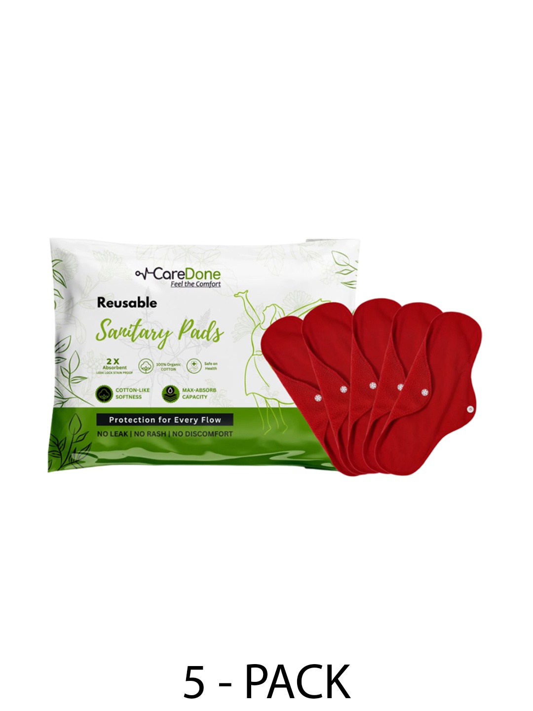 

CareDone Set Of 5 Reusable 100% Organic Cotton Sanitary Cloth Pads - XL, Red