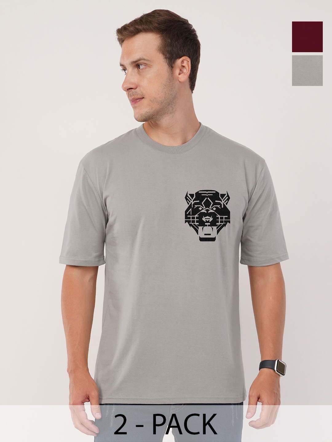 

AUSK Men 2 Printed Raw Edge T-shirt, Maroon