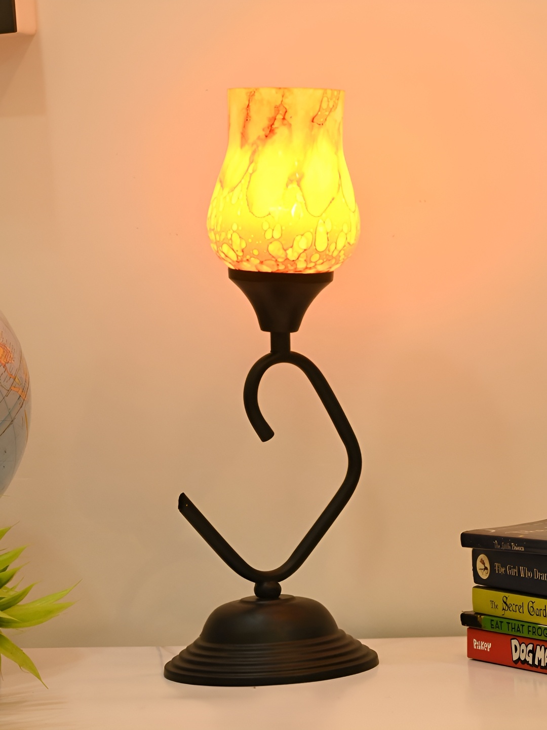 

Afast Orange & Black Printed Traditional Bell Shaped Glass Table Lamp With Adjustable Cord