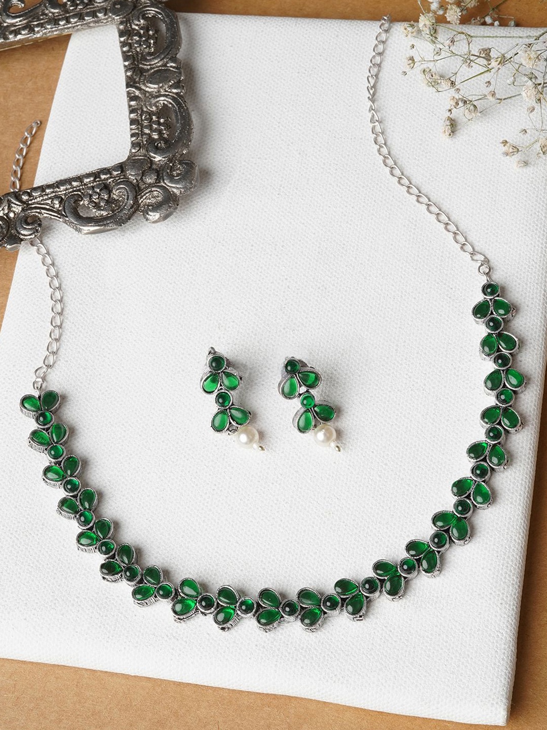 

TEEJH Stone Studded & Beaded Oxidised Jewellery Set, Silver