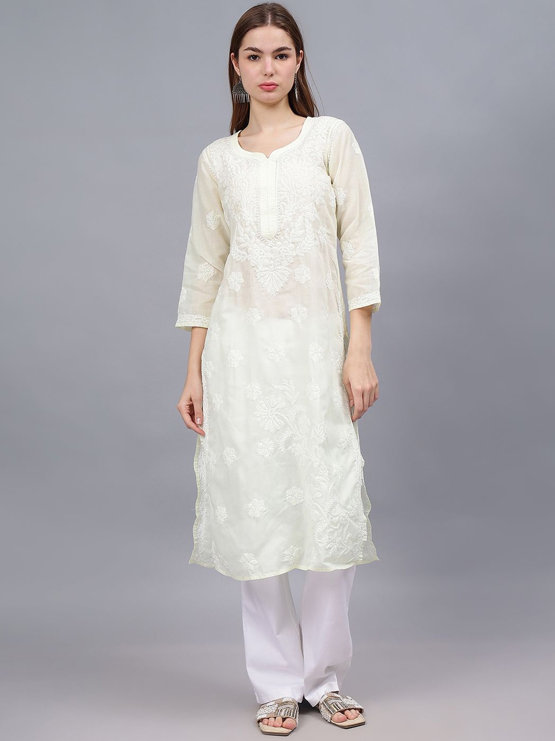 

Seva Chikan Ethnic Motifs Embroidered Chikankari Straight Kurta, Yellow