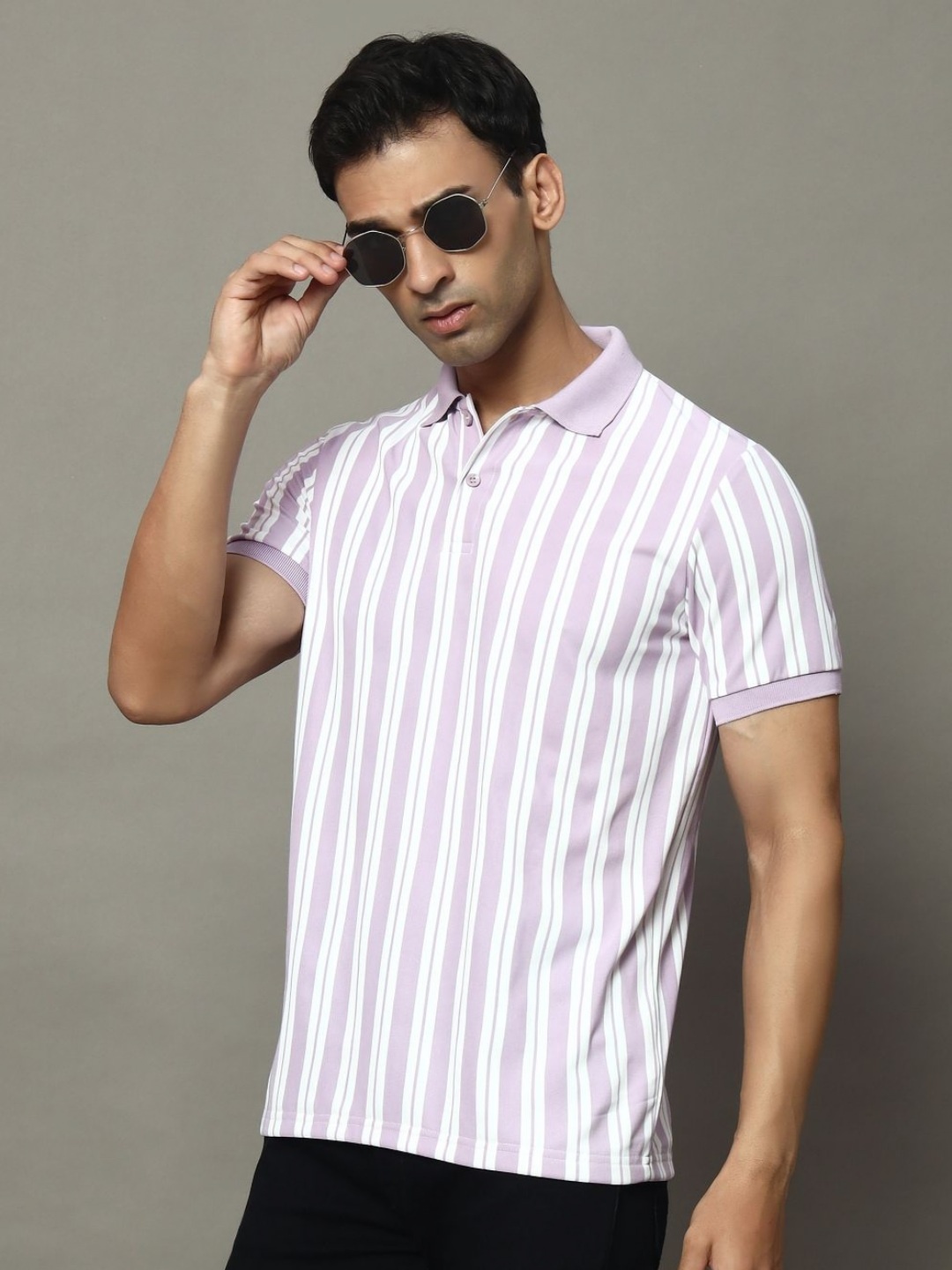 

OGEN Men Striped Polo Collar Pockets T-shirt, Lavender