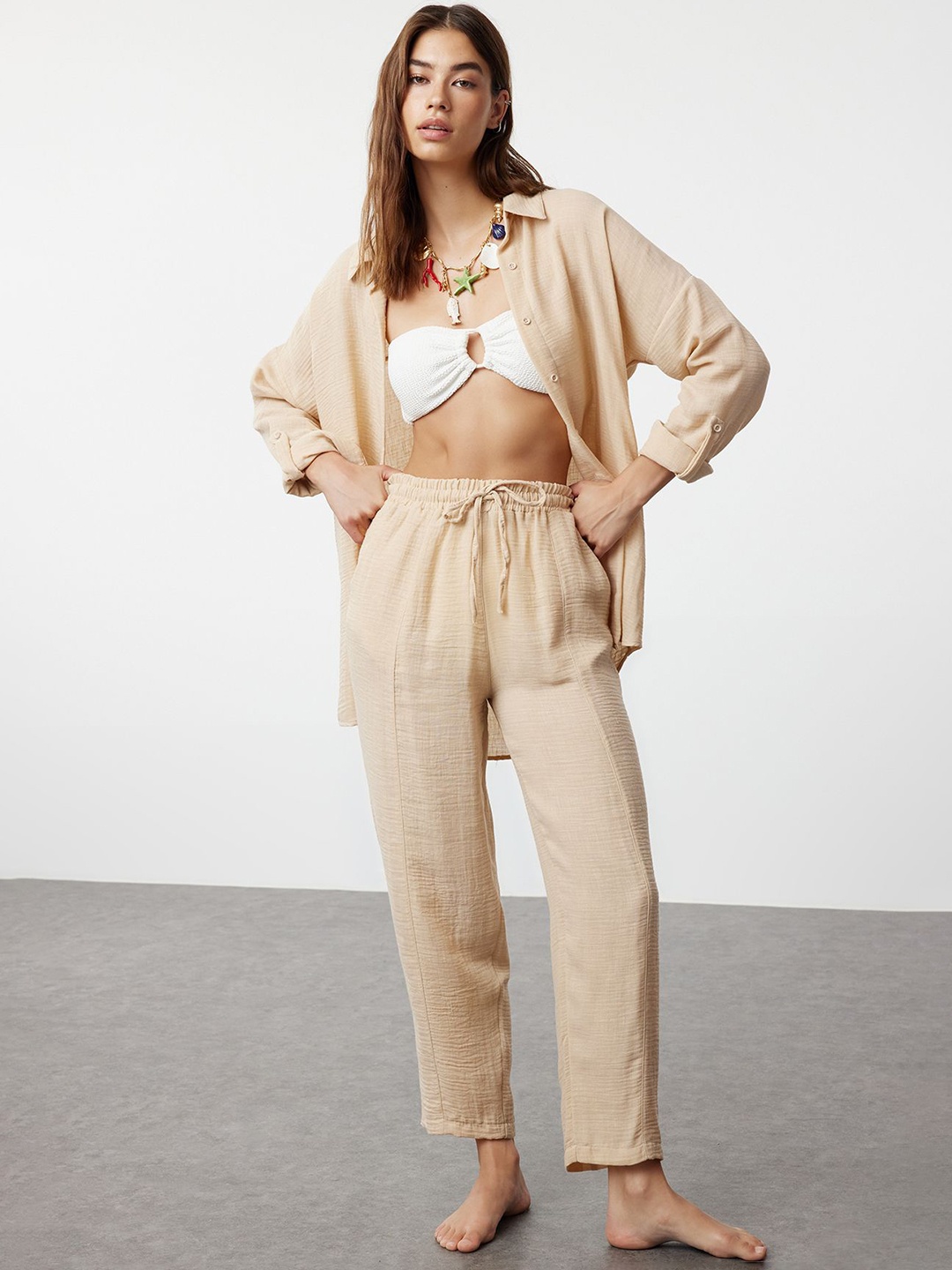 

Trendyol Long Sleeves Shirt With Trousers, Beige