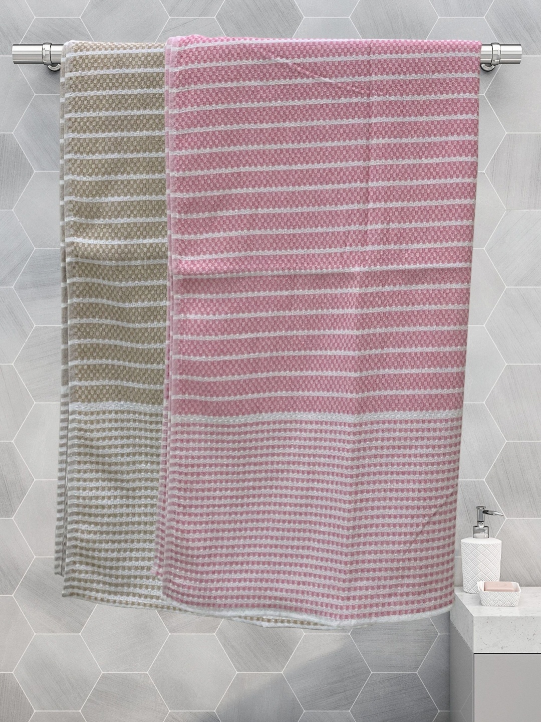 

Aura Pink & Beige 2 Pieces Striped Cotton 210 GSM Bath Towel