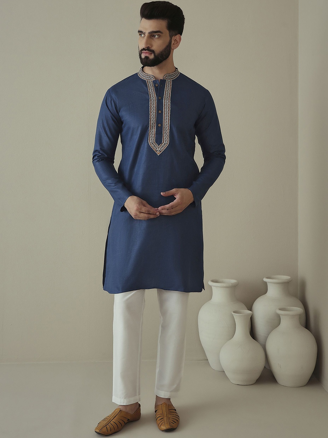 

Inddus Ethnic Motifs Embroidered Mandarin Collar Thread Work Straight Kurta, Blue