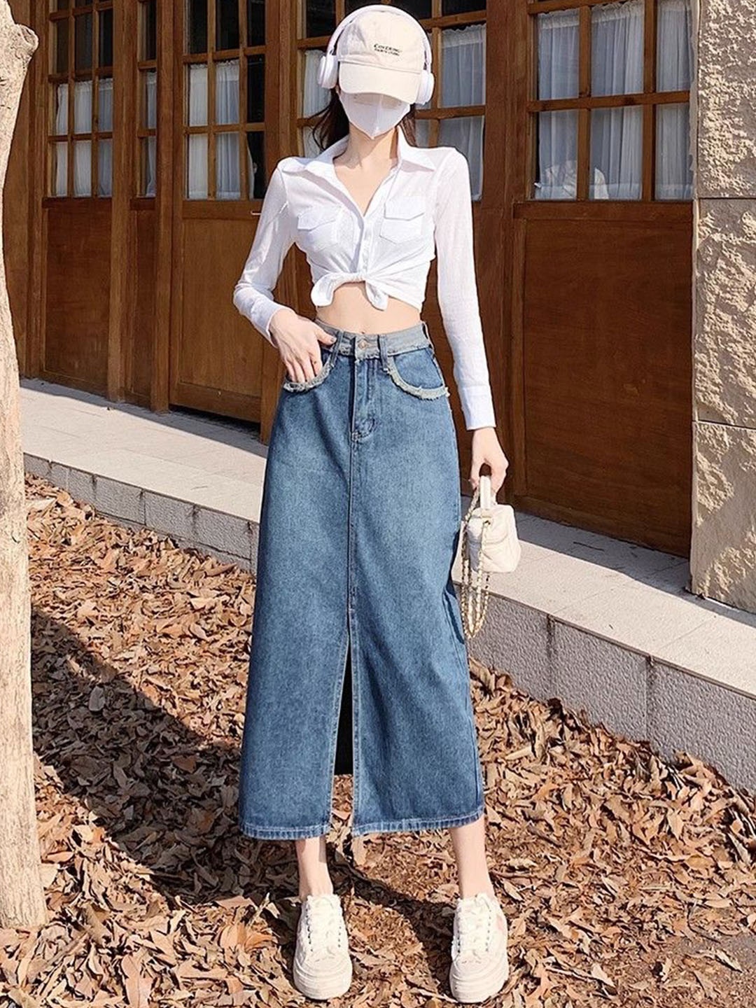 

StyleCast Women Solid Denim A-Line Front Slit Midi Skirt, Blue
