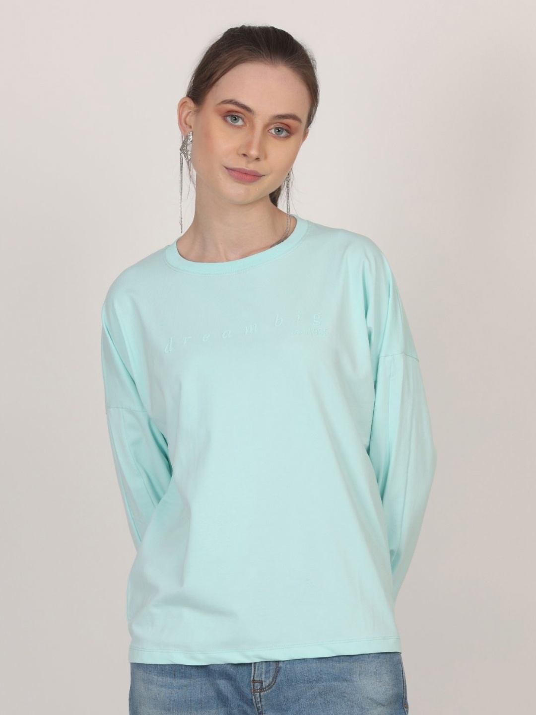 

AECK Women Extended Sleeves Pockets T-shirt, Turquoise blue