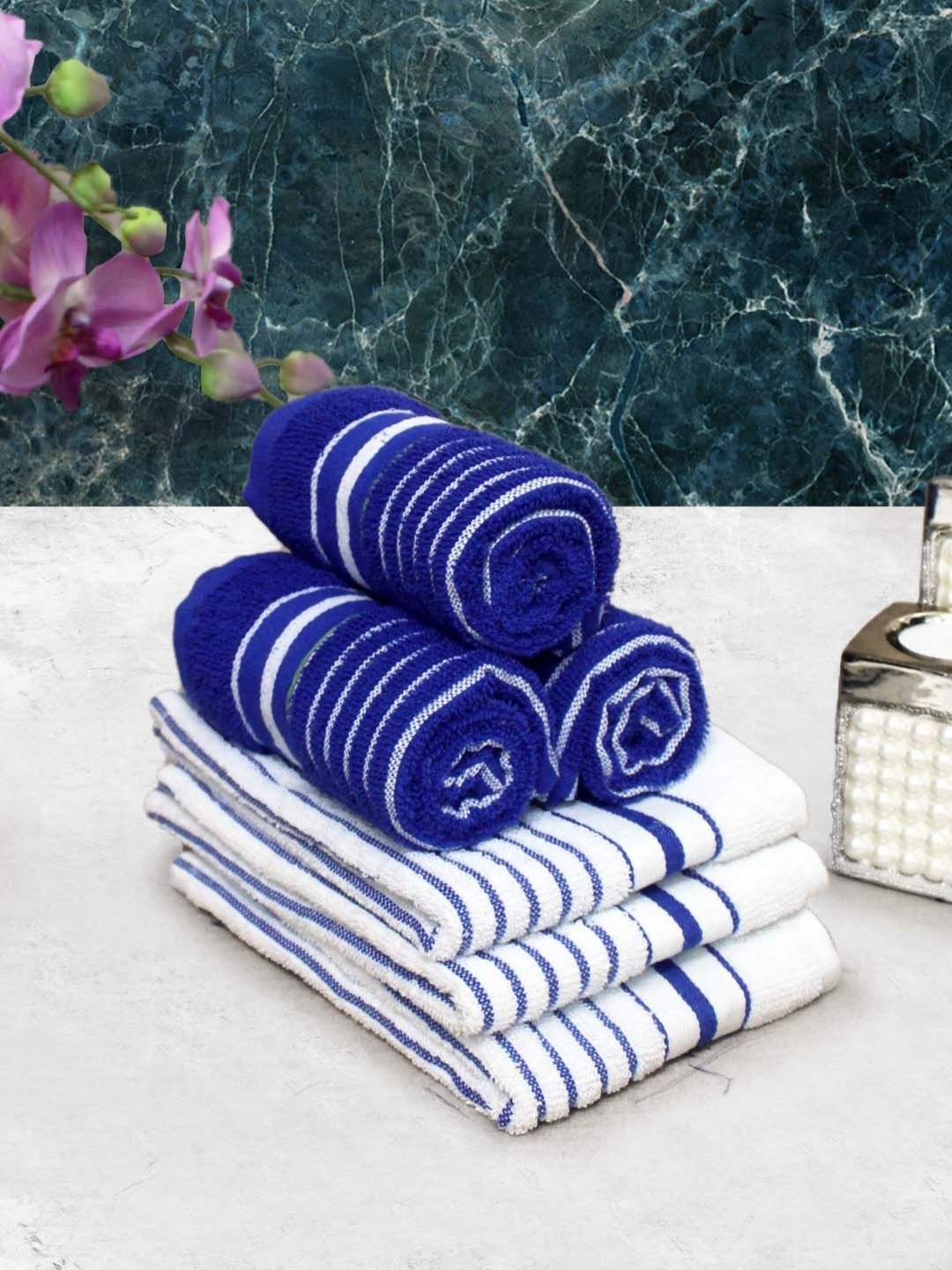 

Aura White & Navy Blue 6 Pieces Striped Pure Cotton 150 GSM Hand Towels