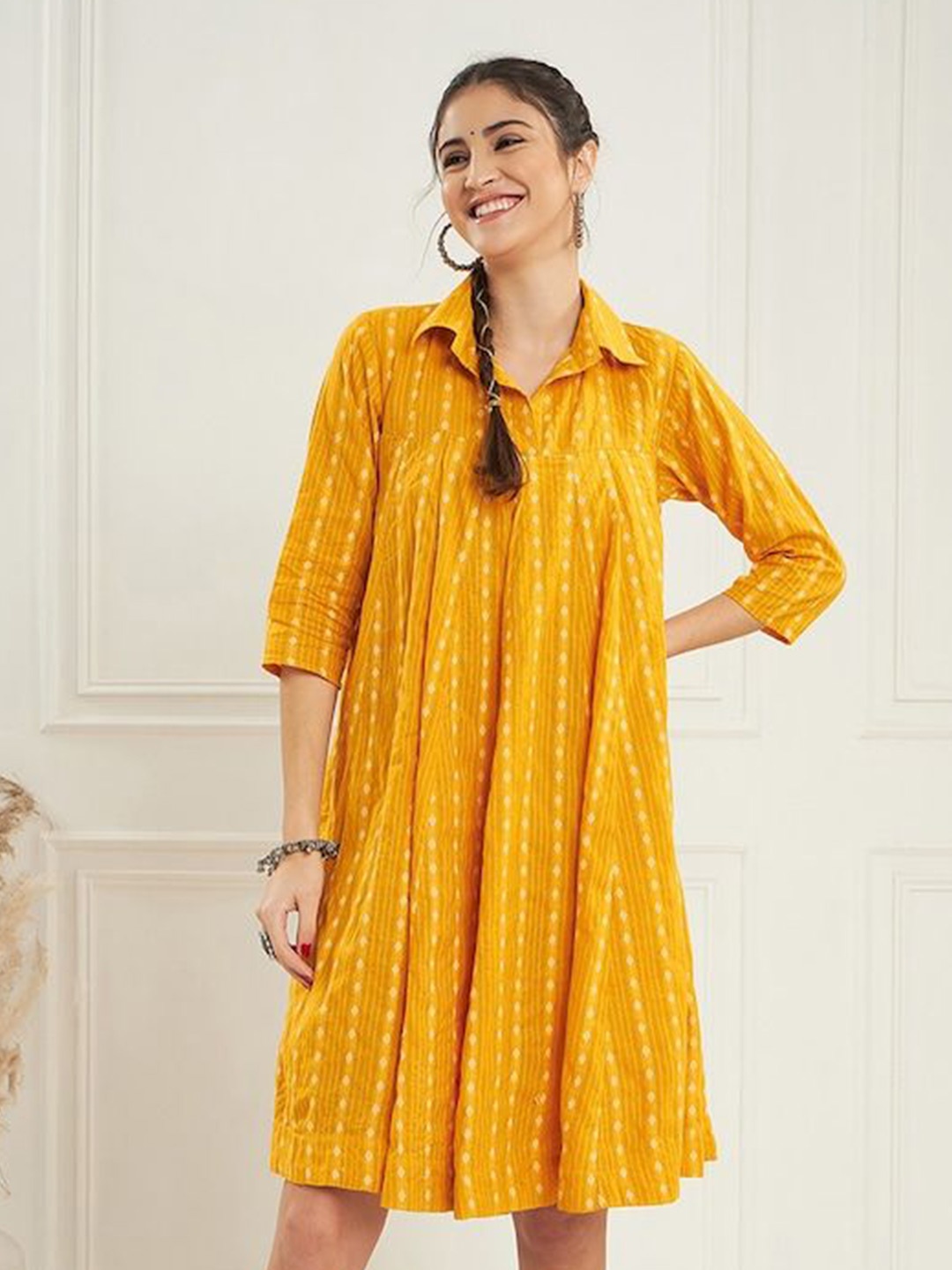 

JAIPURI BUNAAI Shirt Collar Embroidered Empire Dress, Yellow
