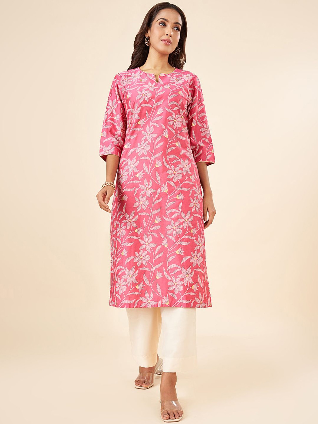 

RANGMANCH BY PANTALOONS Floral Printed Notch Neck Straight Kurta, Pink