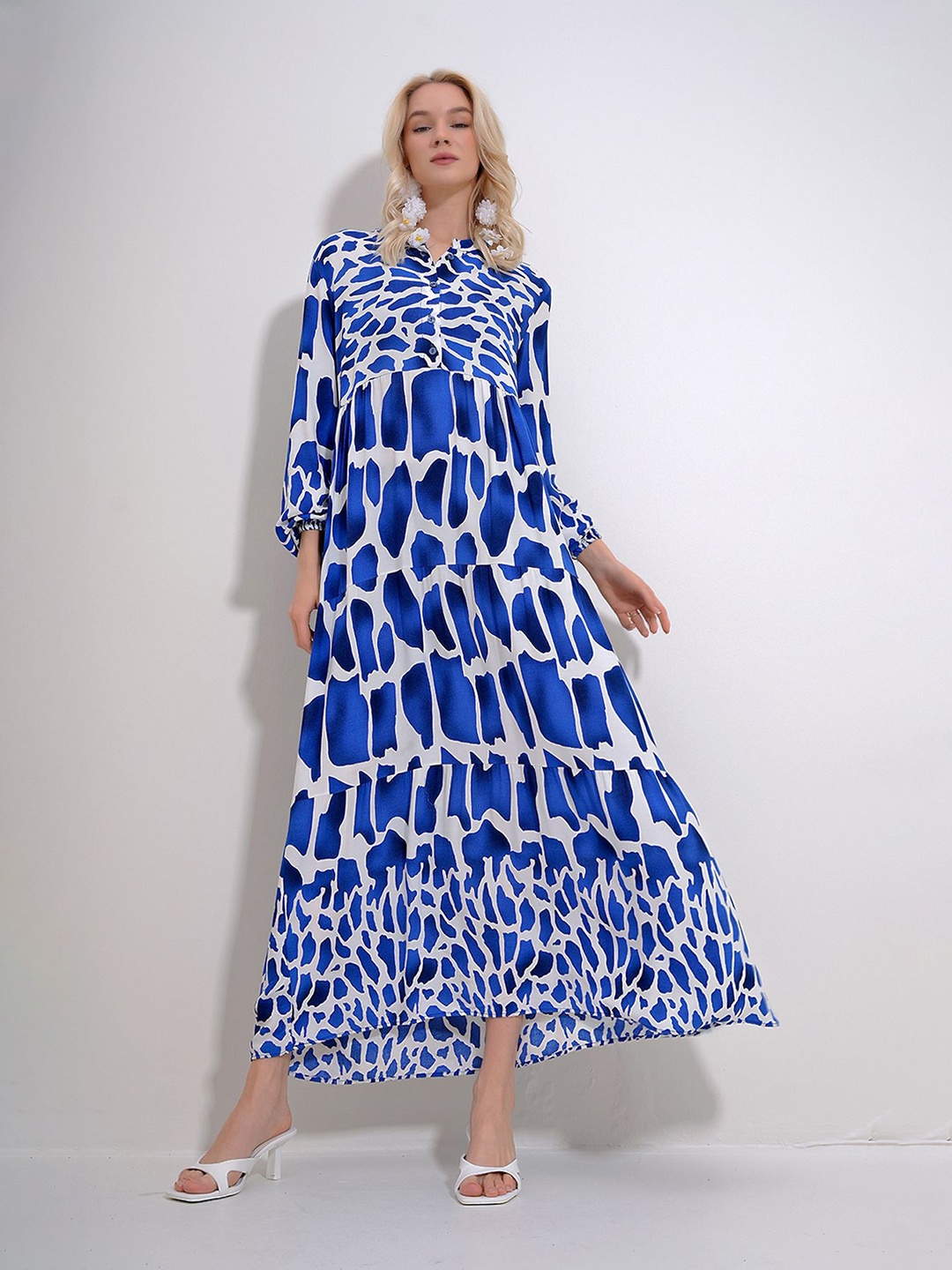 

Trend Alacati stili Printed Puff Sleeve Maxi Dress, Blue