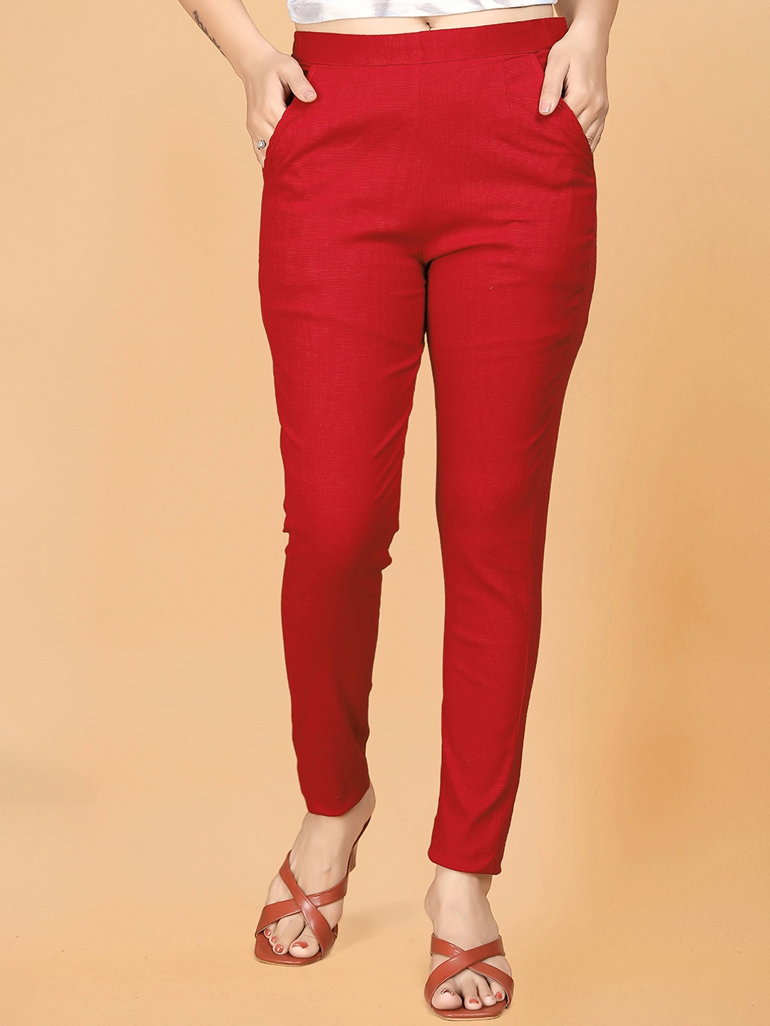 

VORHIZA Women Easy Wash Trousers, Red