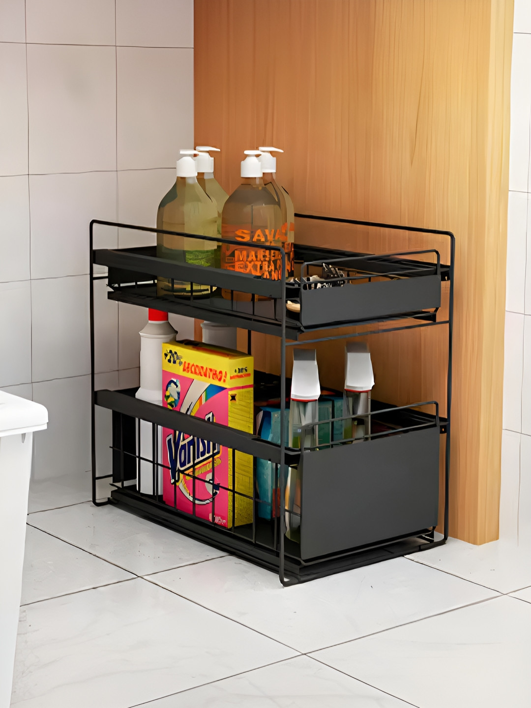 

UMAI Black 2-Tier Sink Cabinet Storage With Rotating Wheels Multi-Utility Organizer