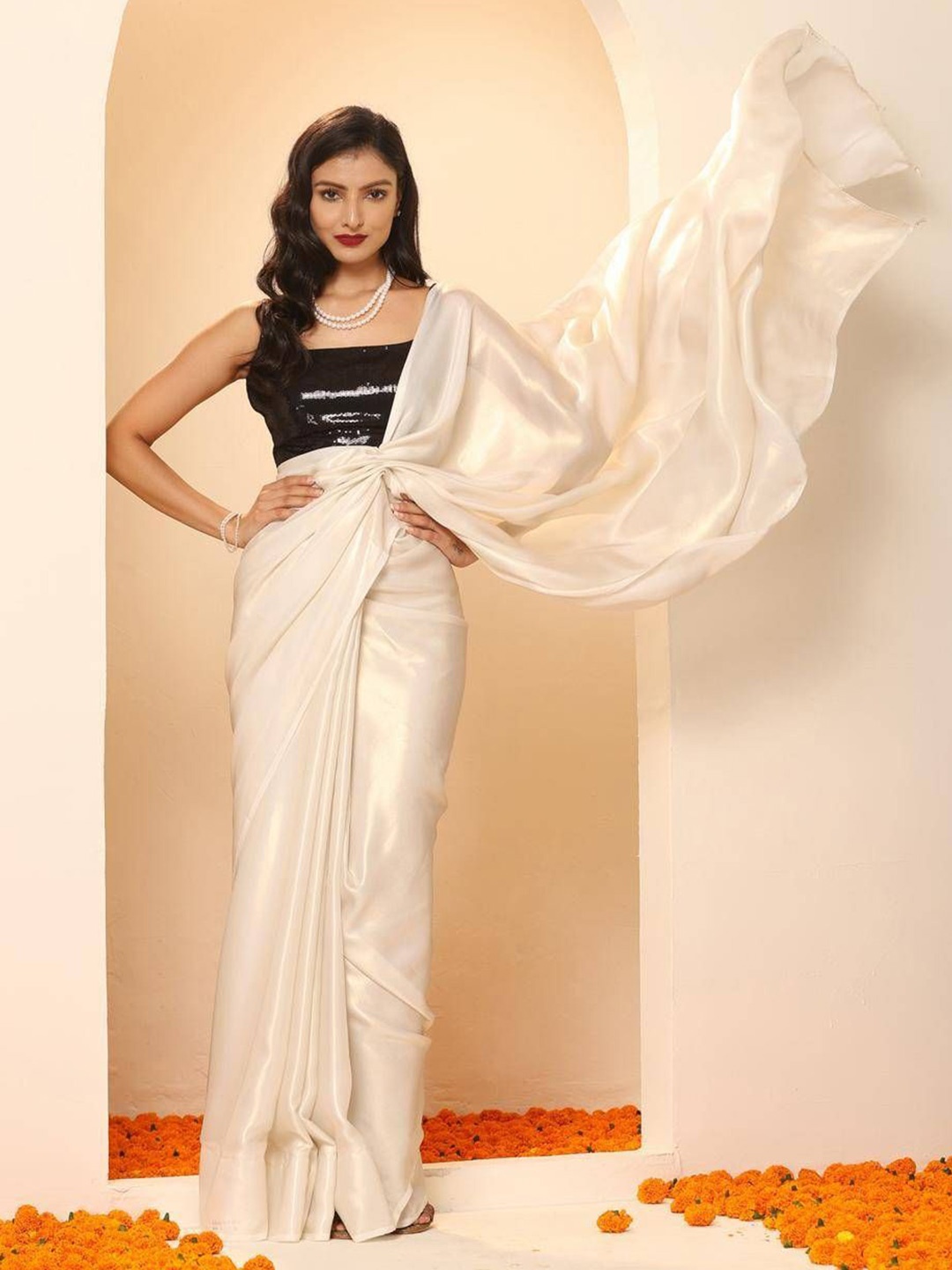 

Swtantra Poly Chiffon Saree, White