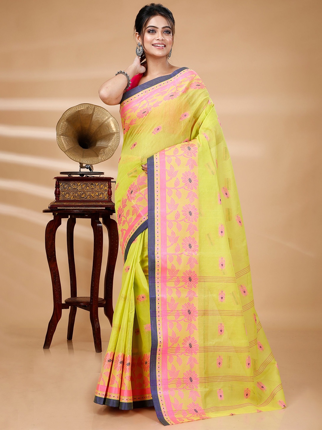 

PuJoy Ethnic Motifs Pure Cotton Taant Saree, Green