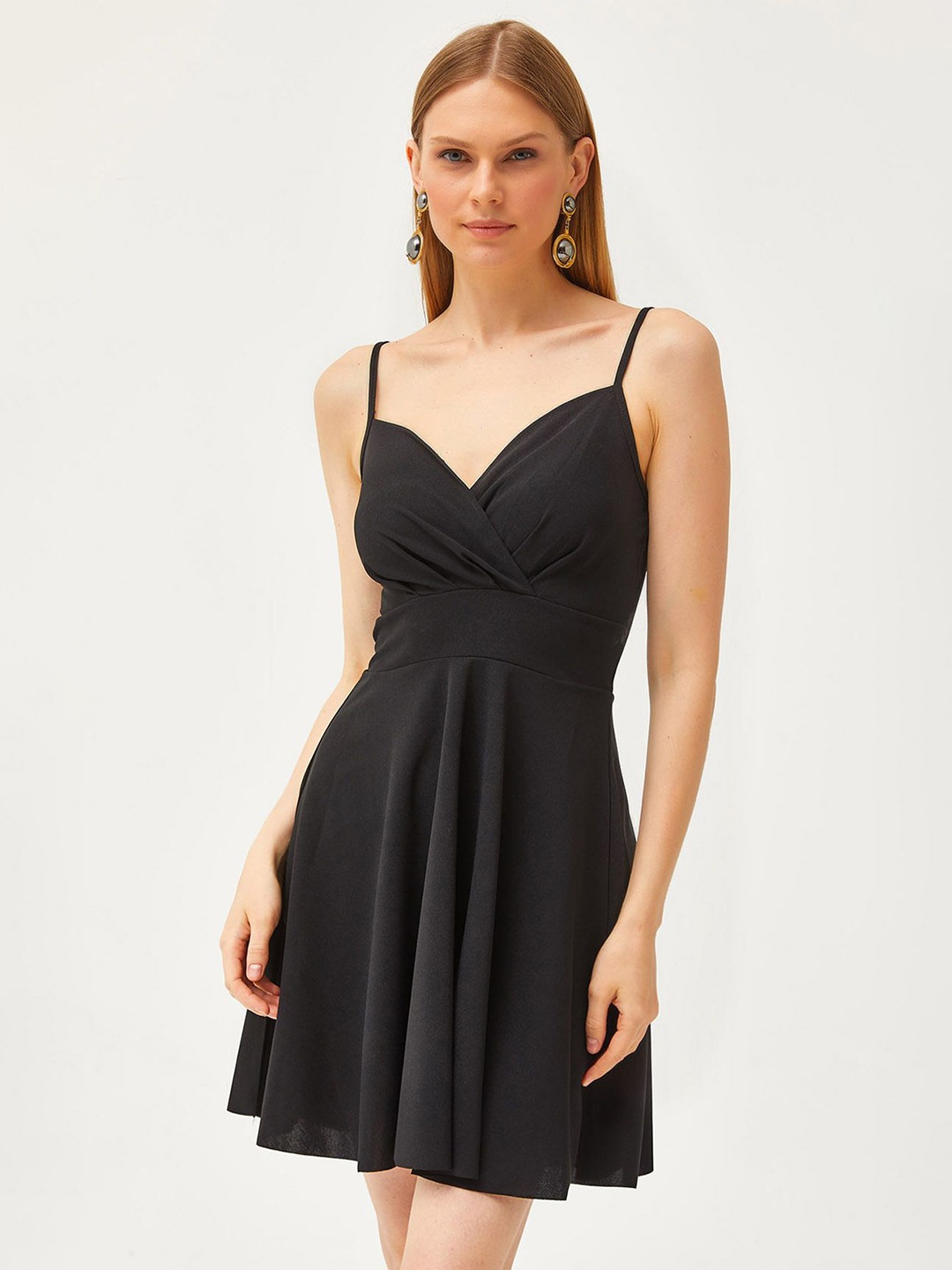 

Olalook Shoulder Straps Flared Wrap Dress, Black