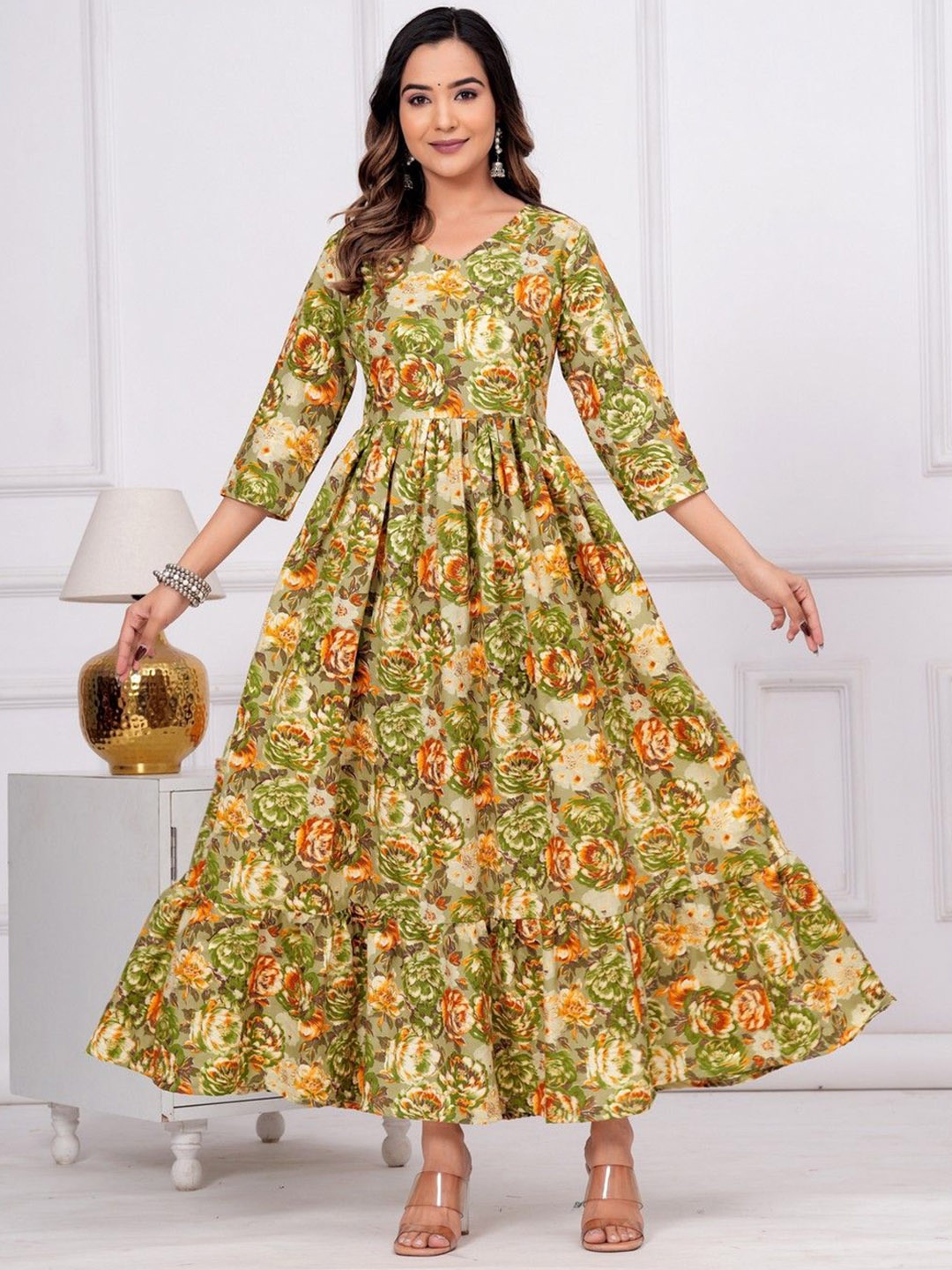 

OKD Empires Floral Printed Fit & Flare Ethnic Dress, Green