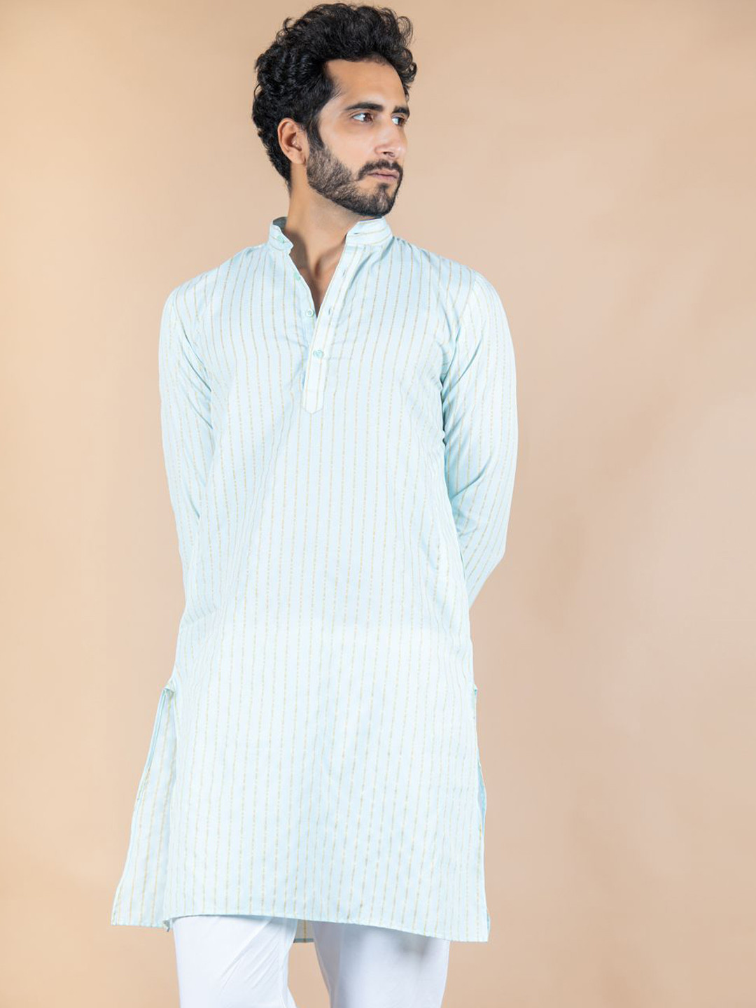 

Tistabene Striped Mandarin Collar Cotton Silk Straight Kurta, Blue