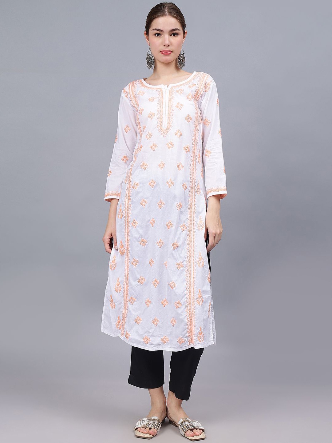 

Seva Chikan Ethnic Motifs Embroidered Chikankari Cotton Straight Kurta, White