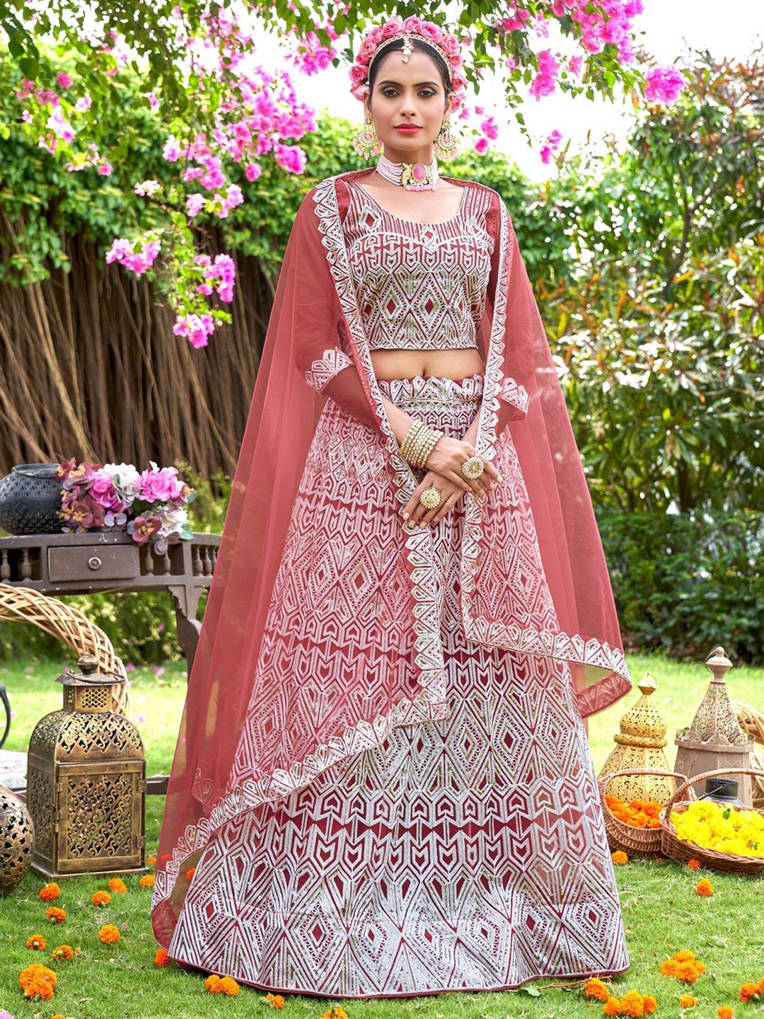 

VARNI FABRICS Embroidered Semi-Stitched Lehenga & Unstitched Blouse With Dupatta, Peach