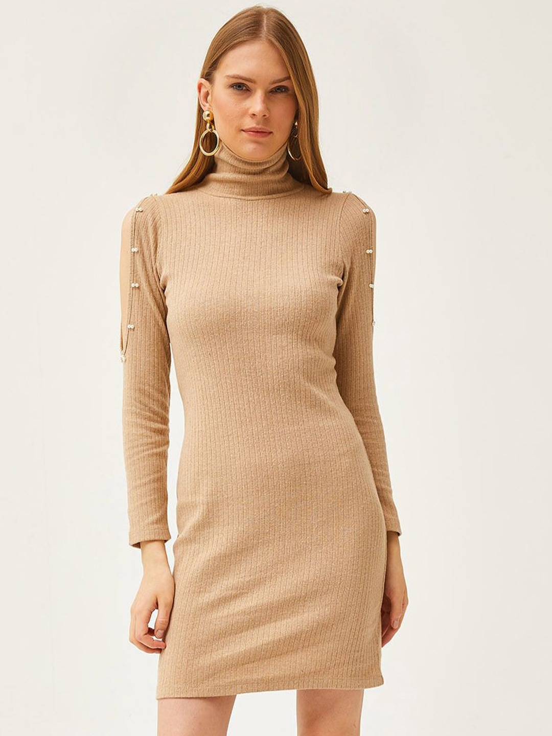 

Olalook High Neck Cut-Out Detail Pure Cotton Sweater Midi Dress, Brown