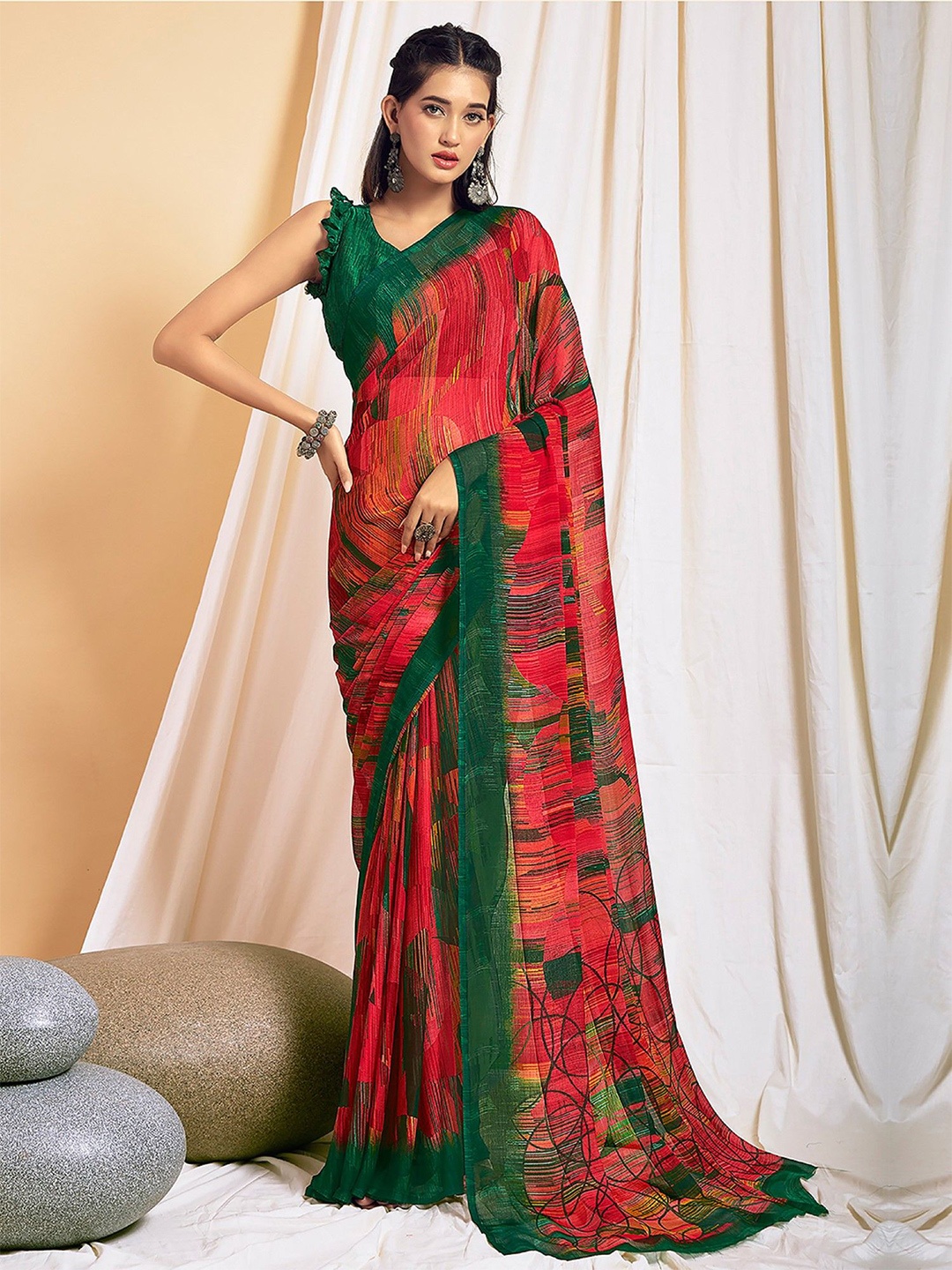 

Panzora Poly Chiffon Saree, Red