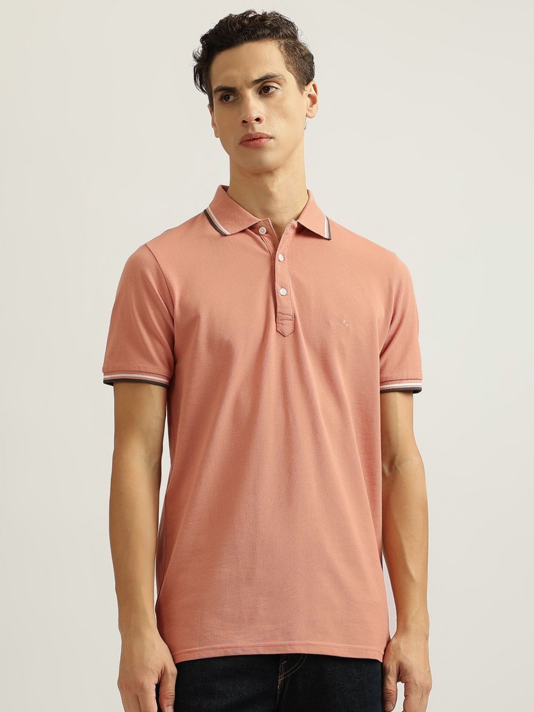 

LINDBERGH Men Solid Polo Collar Cotton T-Shirt, Peach