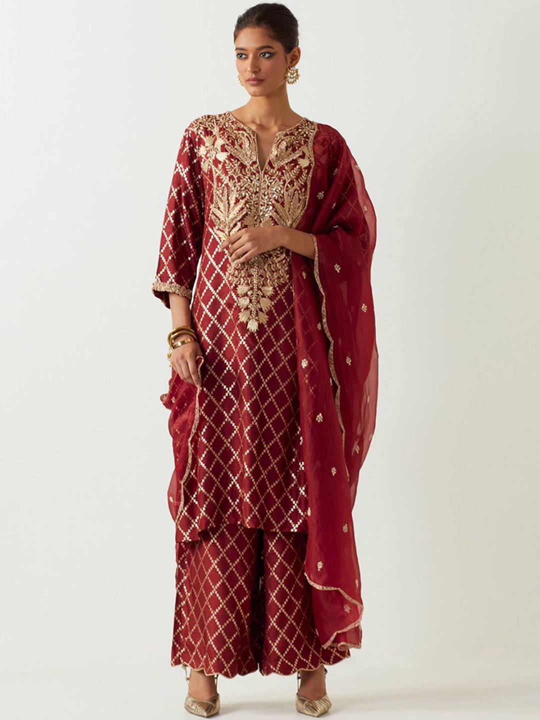 

Payal Singhal Geometric Embroidered Pure Silk Straight Kurta with Palazzos & Dupatta, Maroon