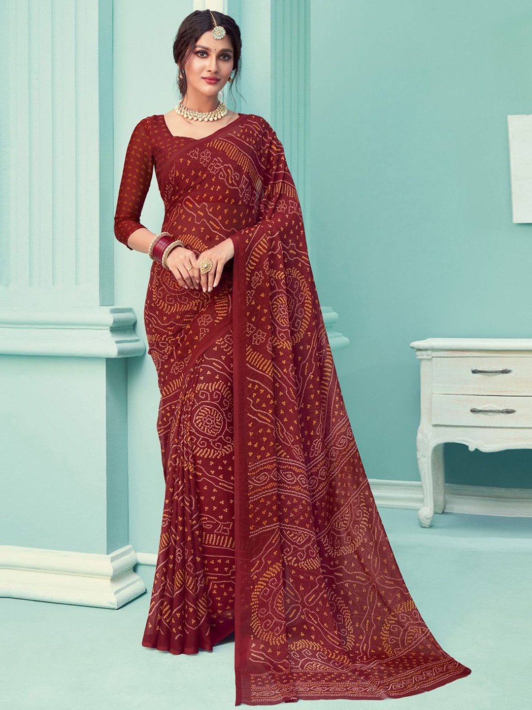 

KALINI Bandhani Poly Chiffon Saree, Maroon