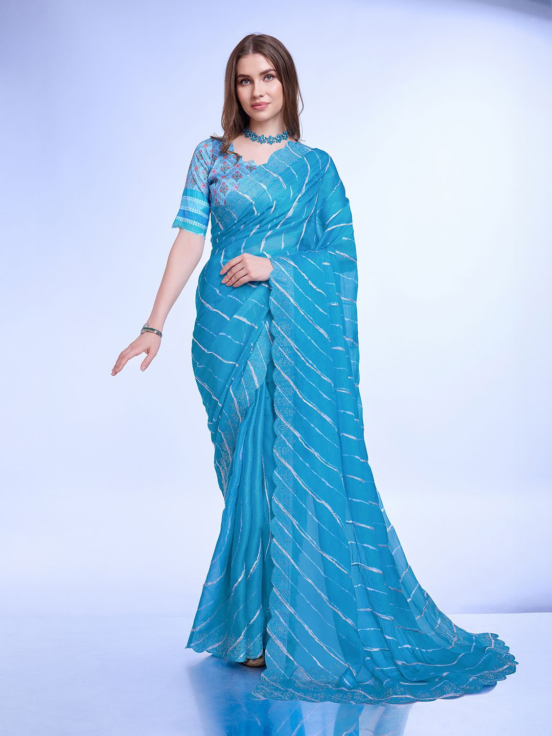 

all about you Leheriya Beads and Stones Poly Chiffon Leheriya Saree, Blue