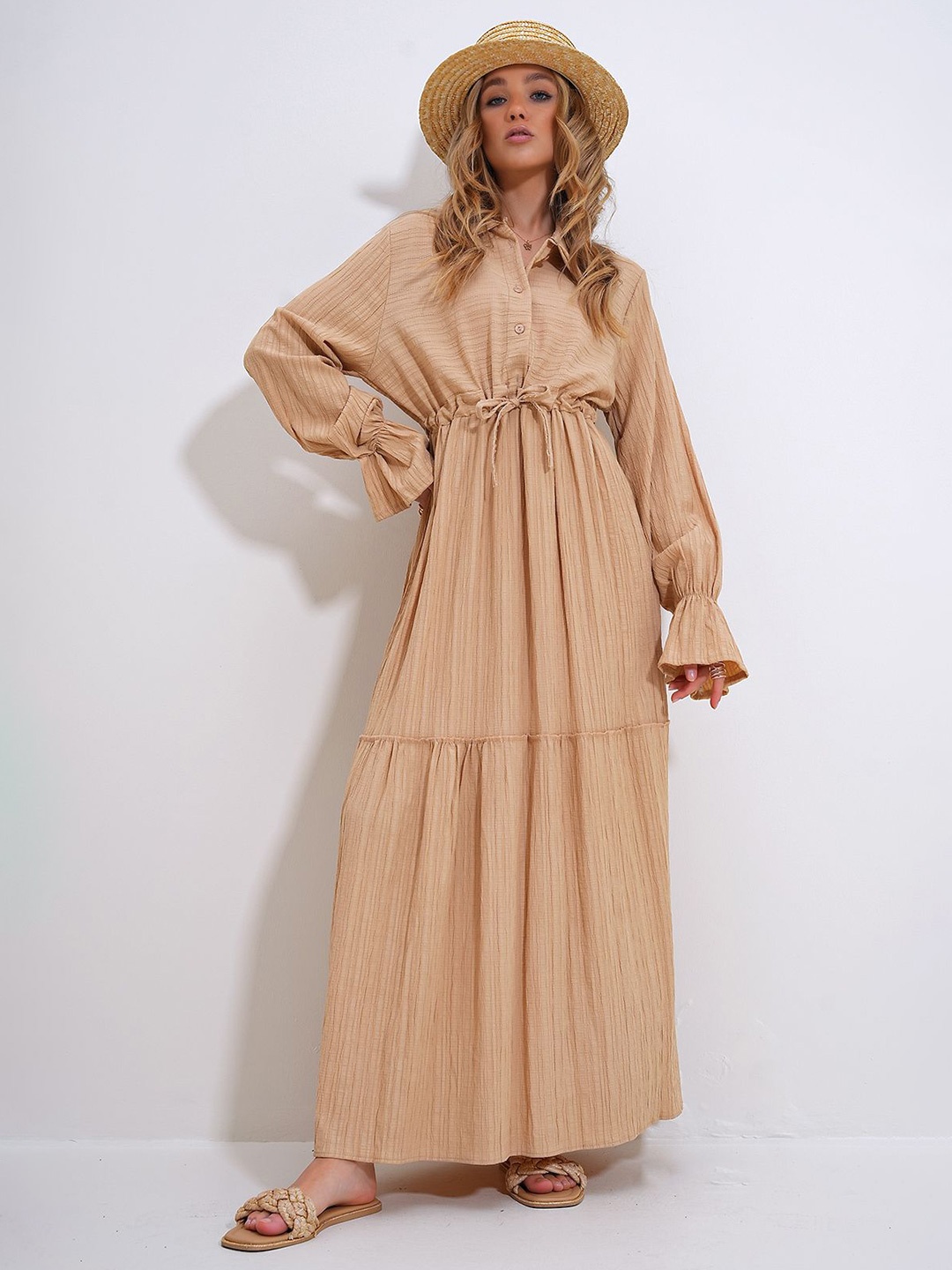 

Trend Alacati stili Shirt Collar Maxi Dress, Brown